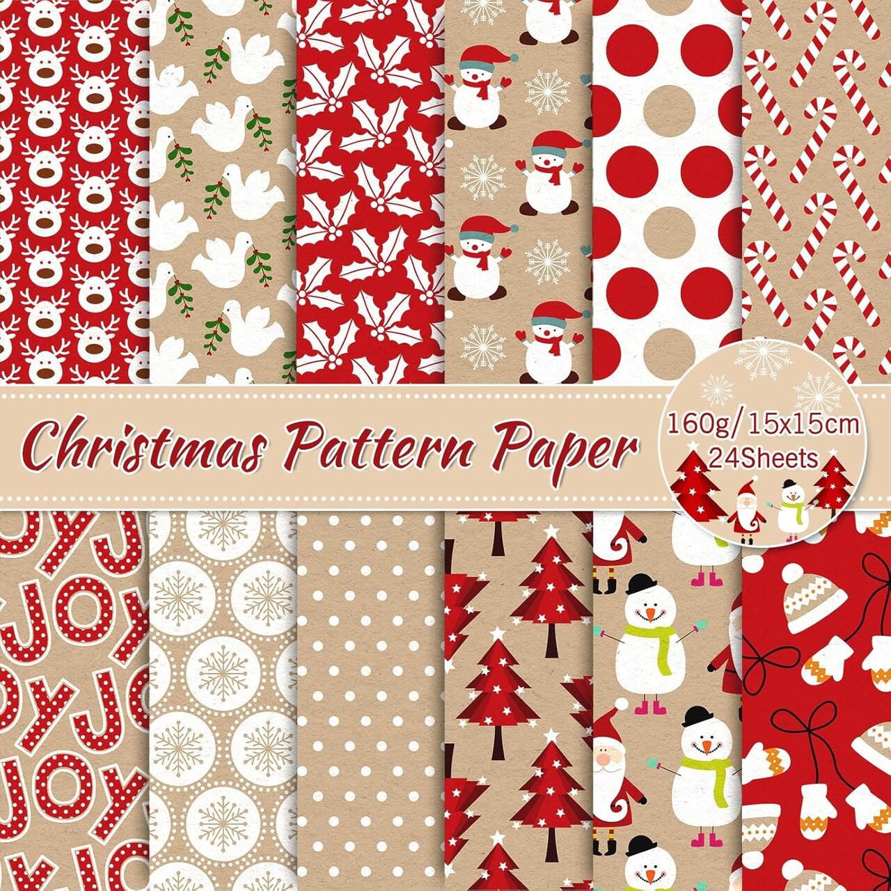 24 Sheets Christmas Pattern Paper Santa Reindeer Snowman Scrapbook Specialty Paper Double Sided Kraft Red Craft Paper For Xmas DIY Card Making Photo Album Decor, 6 x 6 Inch